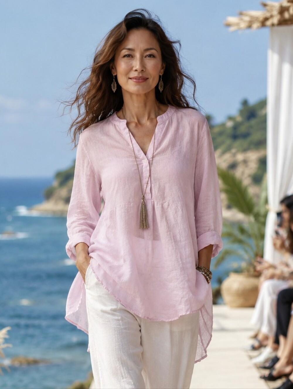 FOIL Womens Pink 100% Linen V-Neck Button Down Shirt Blouse Size 10 Relaxed Fit